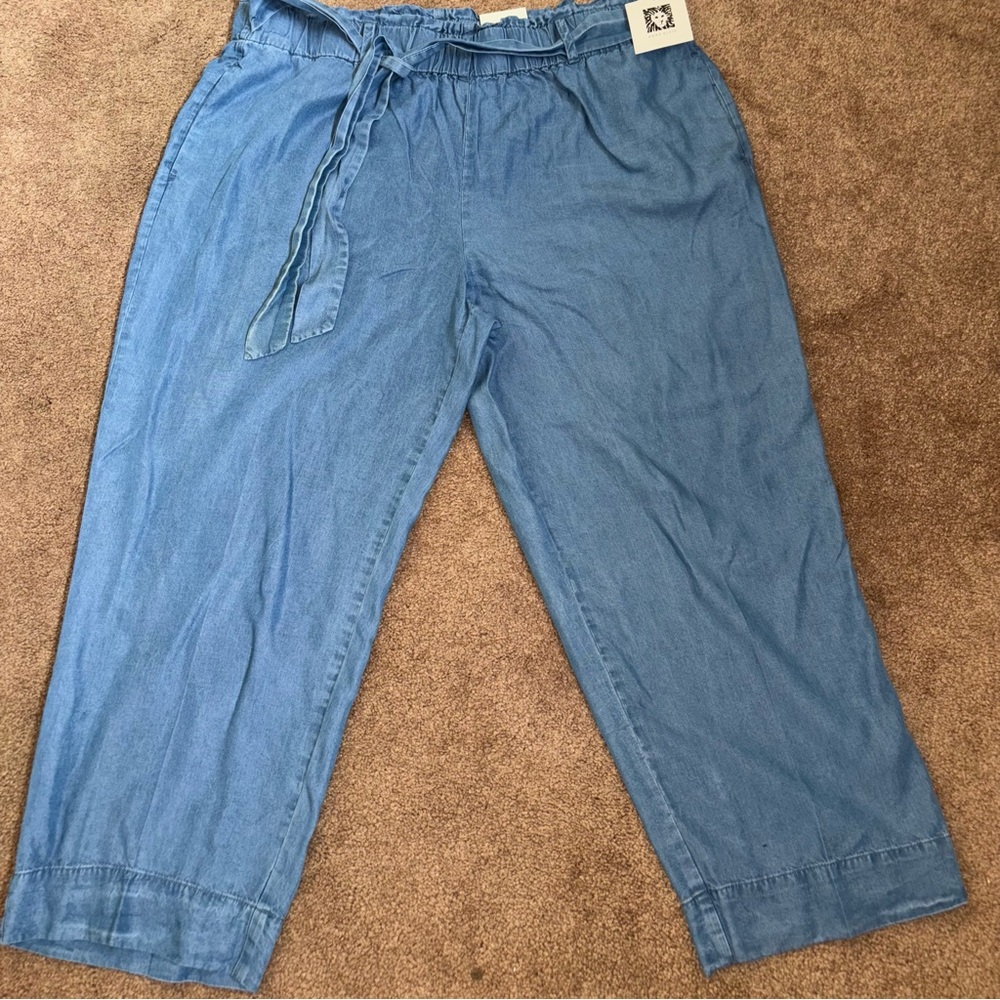 Anne Klein Women's Tencel Chambray Pull-On Wide Leg Cropped Pant Size XL